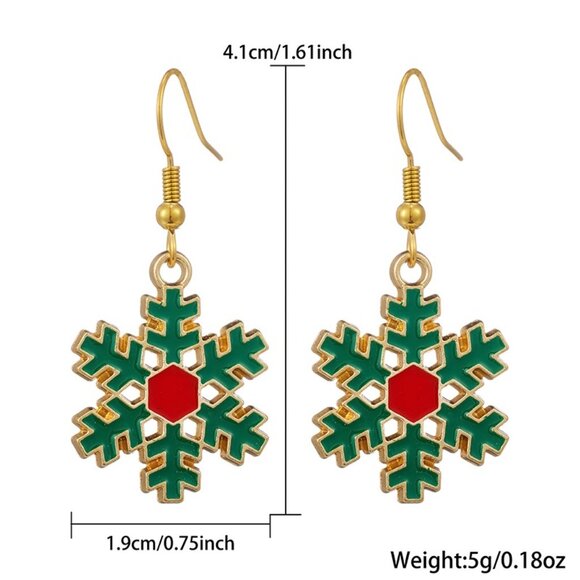 Christmas Snowflake Dangling Earrings  1 1/2 Inch Drop Gold Tone Green Red - Picture 3 of 8
